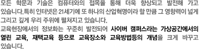 모든 학문과 기술은 컴퓨터와의 접목을 통해 더욱 향상되고 발전해 가고 있습니다.특히 인터넷은 21세기에 또 하나의 산업혁명이라 할 만큼 그 영향력이 넓게 그리고 깊게 우리 주위에 펼쳐지고 있습니다.교육현장에서의 정보화는 꾸준히 발전되어 사이버 캠퍼스라는 가상공간에서의 열린 교육, 재택교육 등으로 교육장소와 교육방법등의 개념을 크게 바꾸고 있습니다.